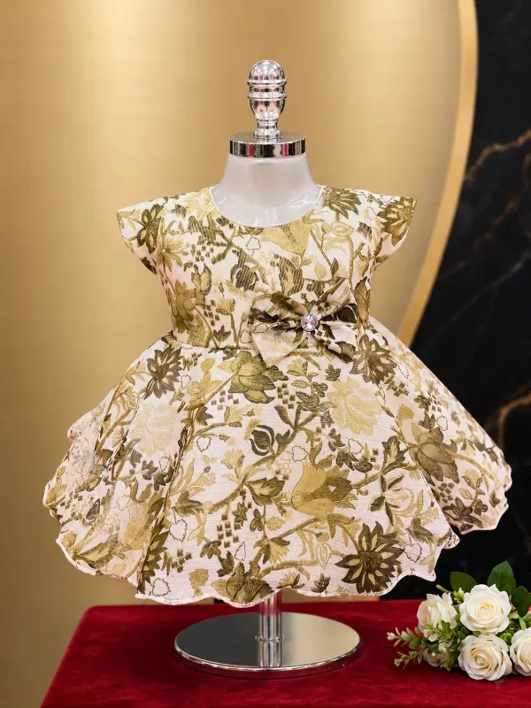 Premium Kids Girls Jaquard Floral Print Frock Dress with Waist Bow | Elegant Olive Green & Gold Partywear Birthday Gown For Girls