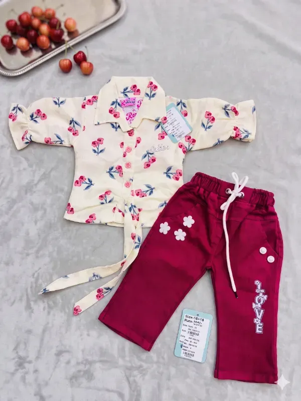 Premium Kids Girls Cherry Floral Print Shirt & Trousers Pant Set With Belt | Trendy Cotton Blend Casual Cream Top & Wine Red Pant Co-Ord Set For Girls