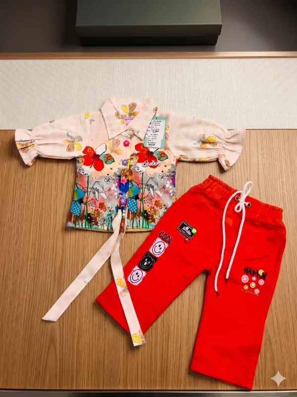 Premium Kids Girls Multi-Color Floral Print Shirt & Trousers Pant Set With Belt | Trendy Cotton Blend Casual Printed Top & Bright Red Pant Co-Ord Set For Girls