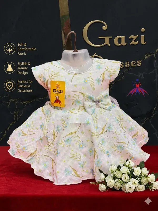 Premium Cute Baby Girls Floral Print Organza Frock Dress with Waist Bow | Elegant Cream & Light Blue Partywear Birthday Gown For Infants & Toddlers By Gazi Dresses