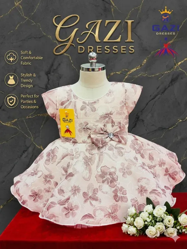 Premium Cute Baby Girls Metallic Floral Print Frock Dress with Waist Bow | Elegant Peach Pink Partywear Birthday Gown For Infants & Toddlers By Gazi Dresses