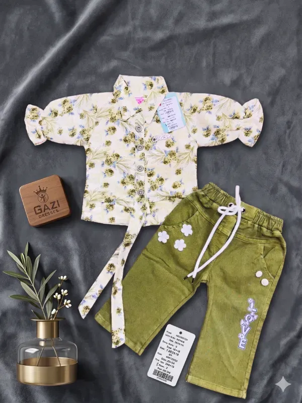 Premium Kids Girls Floral Print Shirt & Trousers Pant Set With Belt | Trendy Cotton Blend Casual Cream Top & Olive Green Pant Co-Ord Set For Girls By Gazi Dresses