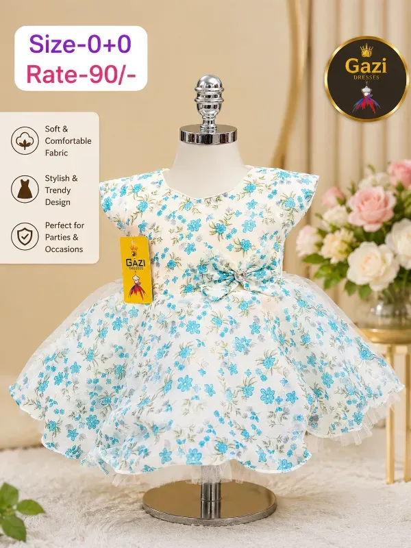 Premium Cute Baby Girls Floral Print Organza Frock Dress with Waist Bow | Elegant Cream & Turquoise Blue Partywear Birthday Gown For Infants & Toddlers By Gazi Dresses