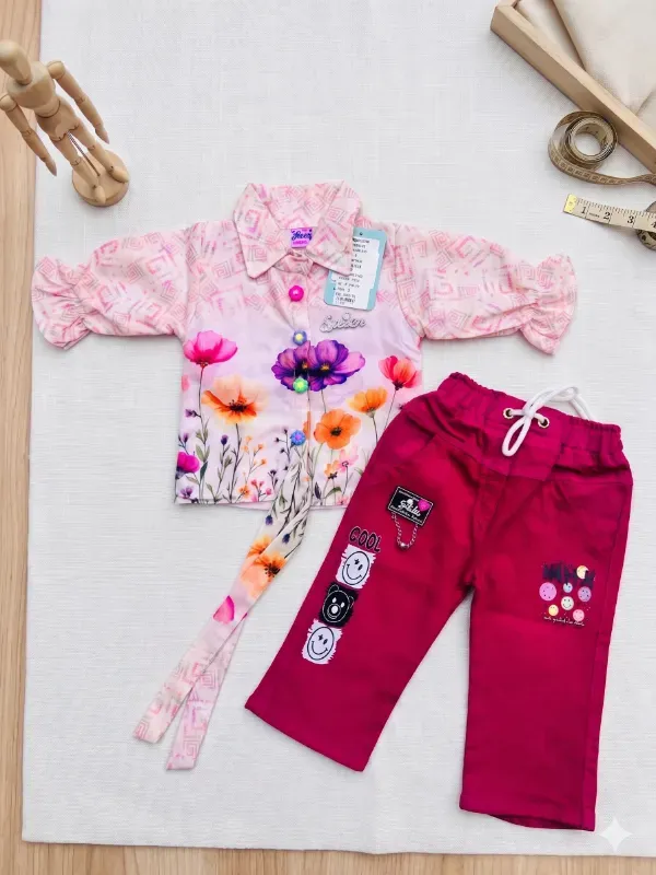 Premium Kids Girls Multi-Color Floral Print Shirt & Trousers Pant Set With Belt | Trendy Cotton Blend Casual Printed Pink Top & Dark Magenta Pant Co-Ord Set For Girls