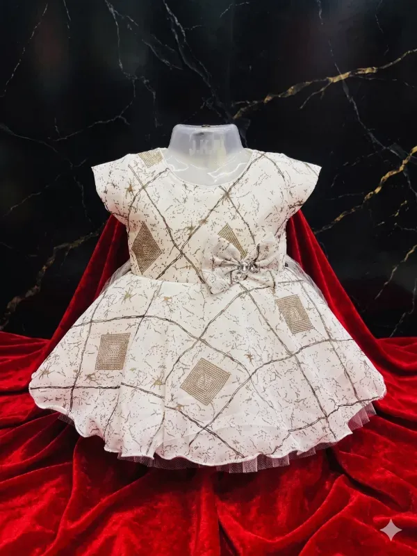 Premium Cute Baby Girls Golden Foil Geometric Print Frock Dress with Waist Bow | Elegant Cream & Gold Checked Partywear Birthday Gown For Infants & Toddlers By Gazi Dresses