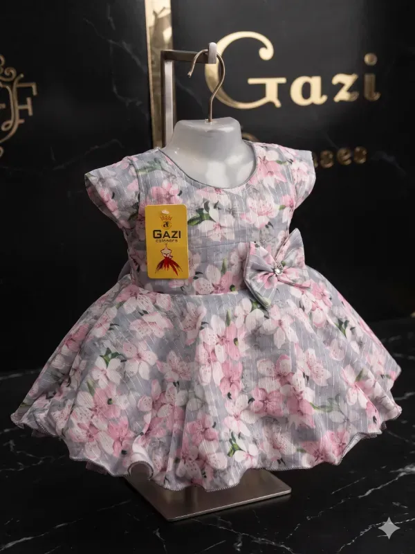 Premium Cute Baby Girls Floral Print Organza Frock Dress with Waist Bow | Elegant Grey & Pink Cherry Blossom Partywear Birthday Gown For Infants & Toddlers By Gazi Dresses