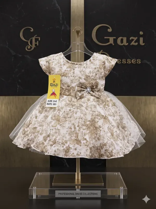 Premium Cute Baby Girls Floral Print Organza Frock Dress with Waist Bow | Elegant Cream & Gold-Brown Partywear Birthday Gown For Infants & Toddlers By Gazi Dresses