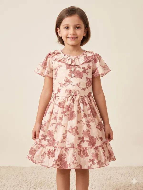 Premium Kids Girls Vintage Floral Print Georgette Frock Dress with Ruffled Neckline | Elegant Peach & Mauve Partywear Birthday Dress For Girls