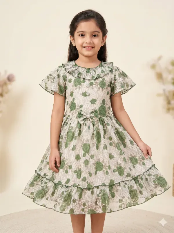 Premium Kids Girls Floral Print Georgette Frock Dress with Ruffled Neckline | Elegant Off-White & Mehendi Green Partywear Birthday Dress For Girls