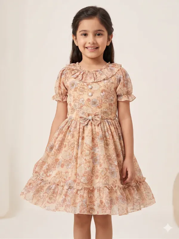 Premium Kids Girls Floral Print Georgette Frock Dress with Ruffled Neckline | Elegant Pastel Peach & Beige Partywear Birthday Dress For Girls