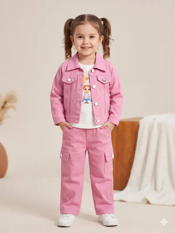 Modern Kids Girls 3-Piece Denim Jacket, T-Shirt & Cargo Pants Set | Trendy Pink Cotton Casual Jacket & Trouser Co-Ord Dress For Girls