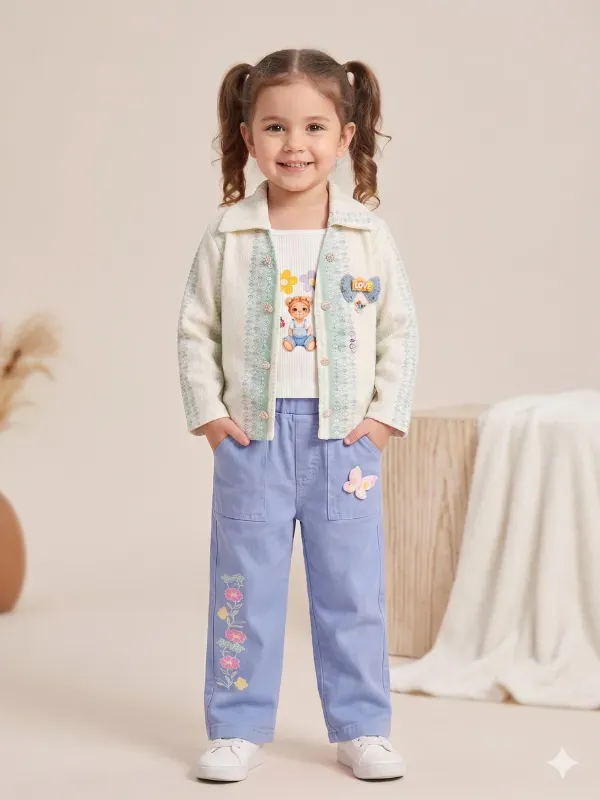 Modern Kids Girls 3-Piece Shrug Jacket, T-Shirt & Denim-Look Trousers Set | Trendy Off-White Printed Cardigan & Pastel Blue Pant Co-Ord Set For Girls