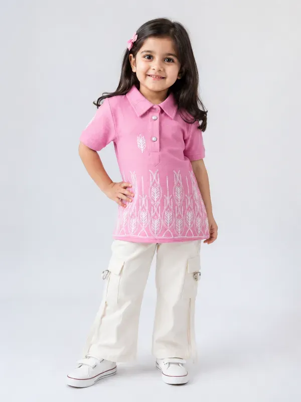 Modern Kids Girls Ethnic Print Polo T-Shirt & Cargo Pants Set | Trendy Pink Cotton Casual Collar Top & Off-White Cargo Trouser Co-Ord Dress For Girls