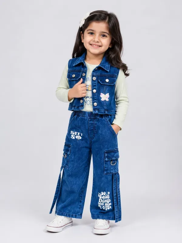 Modern Kids Girls 3-Piece Denim Jacket Sleeveless Shrug, T-Shirt & Cargo Jeans Pants Set | Trendy Blue Cotton Casual Waistcoat & Wide-Leg Trousers Co-Ord Dress For Girls
