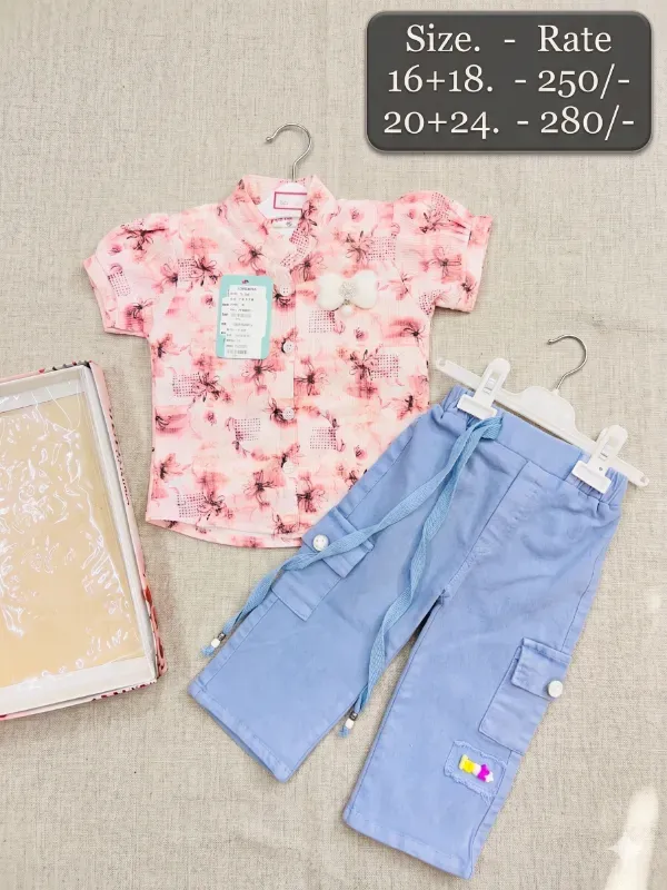 Premium Kids Girls Floral Print Shirt & Cargo Trousers Pant Set | Trendy Cotton Blend Casual Pink Short Sleeve Top & Pastel Blue Cargo Pant Co-Ord Set For Girls