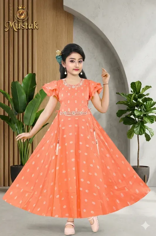 Peach Glow Girls Designer Flare Gown