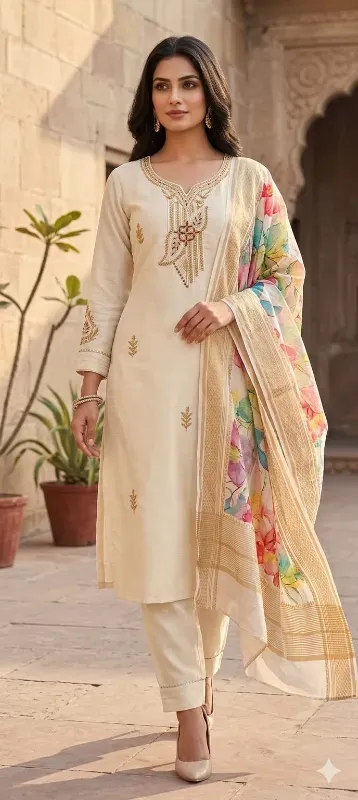 Elegant Chanderi Silk Embroidered Kurta Set with Floral Organza Dupatta