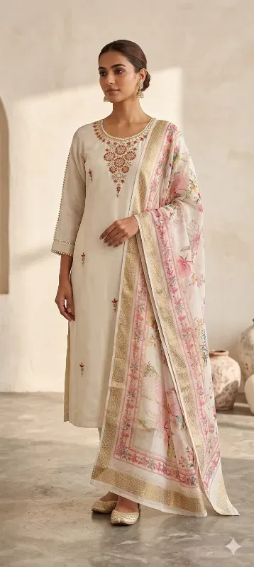 Elegant Embroidered Kurta Pant & Floral Dupatta Set