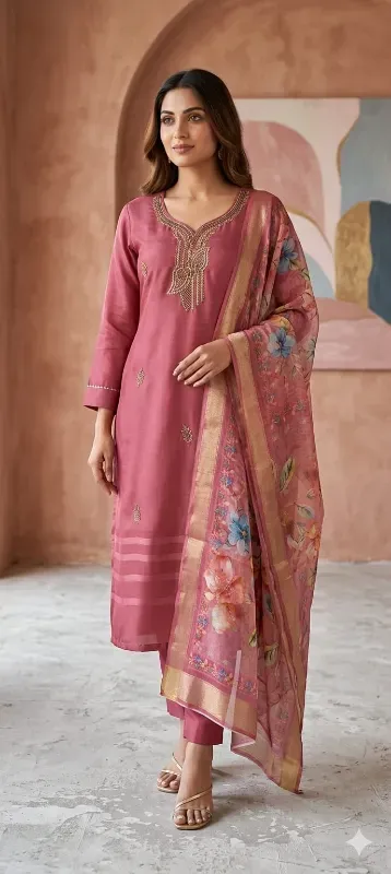 Women's Embroidered Kurta Pant Set with Floral Organza Dupatta