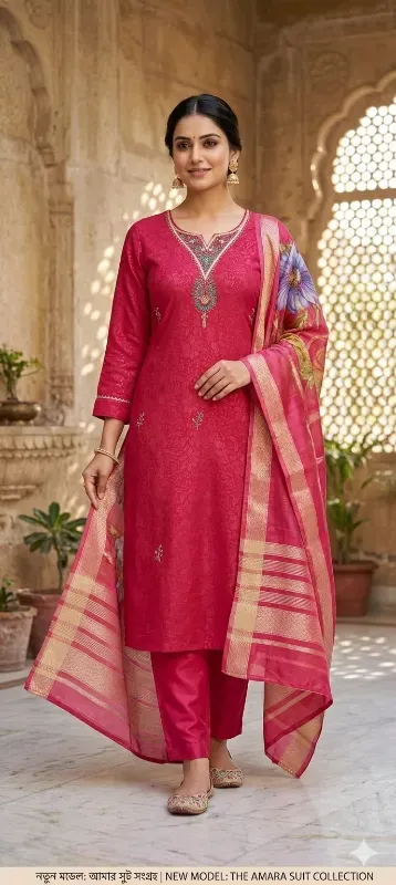 Women's Embroidered Kurta Pant Set with Floral Dupatta