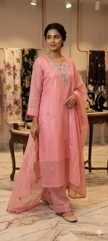 Women's Embroidered Kurta Palazzo Set with Organza Dupatta