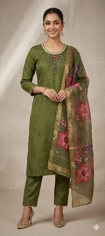 Women's Embroidered Kurta Pant Set with Floral Organza Dupatta