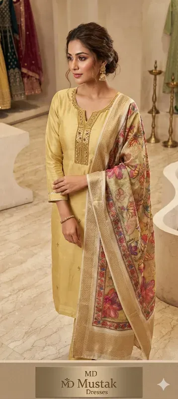 Women's Embroidered Kurta Pant Set with Floral Printed Dupatta