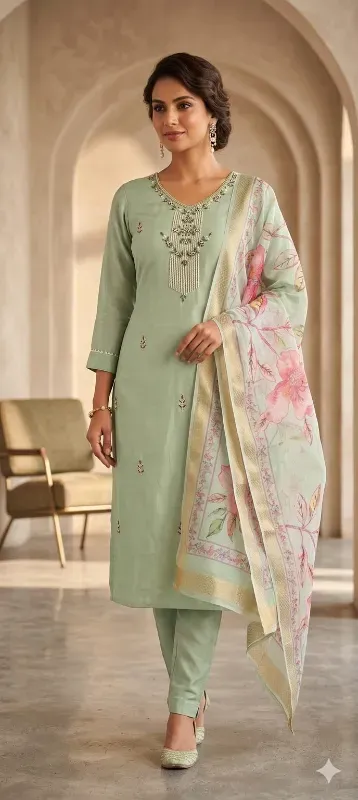 Women's Embellished Kurta Pant Set with Floral Printed Dupatta