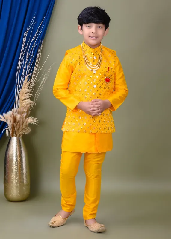 Boys Stylish Yellow Sequins Embroidered Kurta Set With Jacket | Festive Ethnic Wear