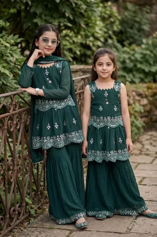 Girls Embroidered Peplum Top Sharara Set with Dupatta (Available in 3 Colors)