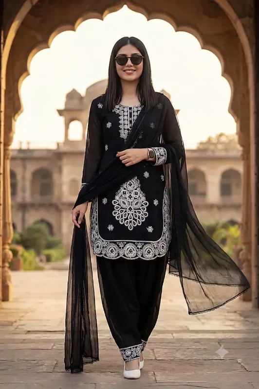 Women's Embroidered Kurta Patiala & Dupatta Set (Black Edition)