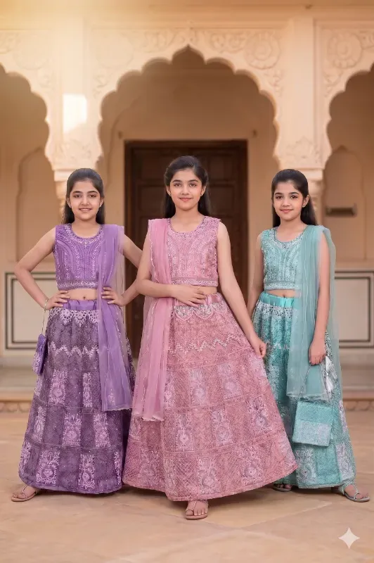 Girls Embroidered Lehenga Choli with Dupatta Set (Available in 3 Colors)