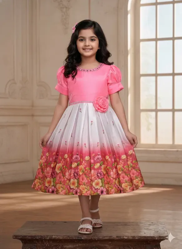 Girls Floral Print Party Wear Frock Dress