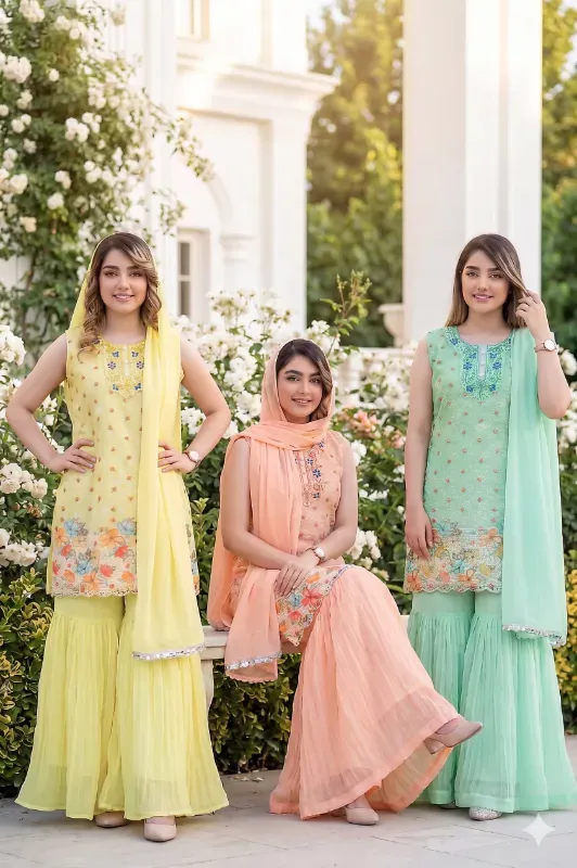 Women's Embroidered Kurta Sharara Set with Dupatta