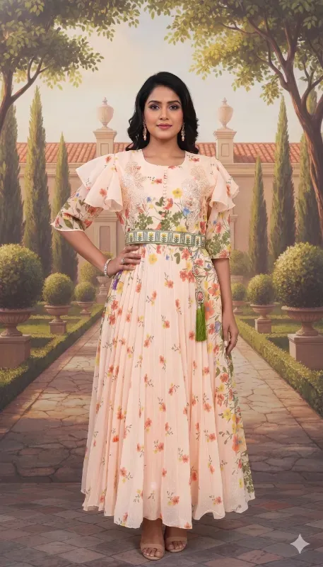 Women's Floral Print Brasso Anarkali Gown