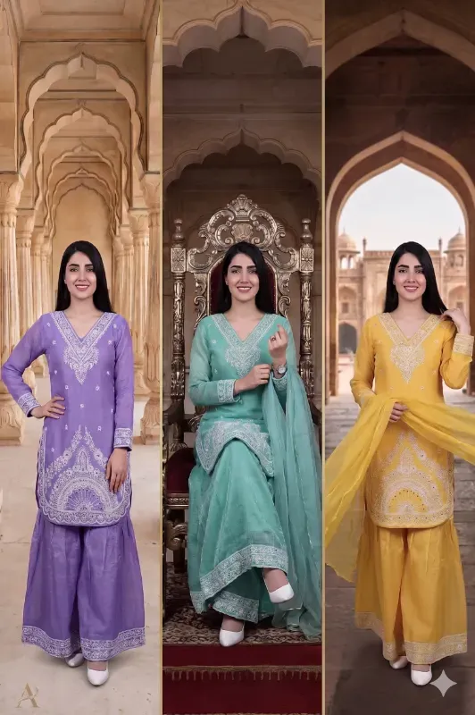 Afsar Fab-Crenchi Embroidered 3-Piece Palazzo Suit Set