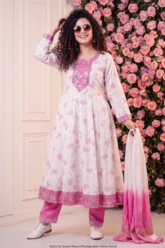 Rose Bloom Embroidered Anarkali Suit Set