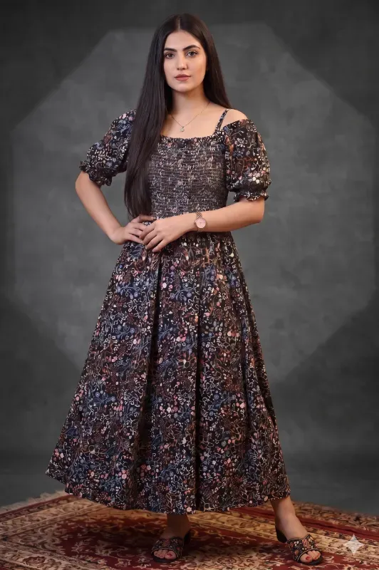 Women's Floral Printed Smocked Square Neck Midi Dress