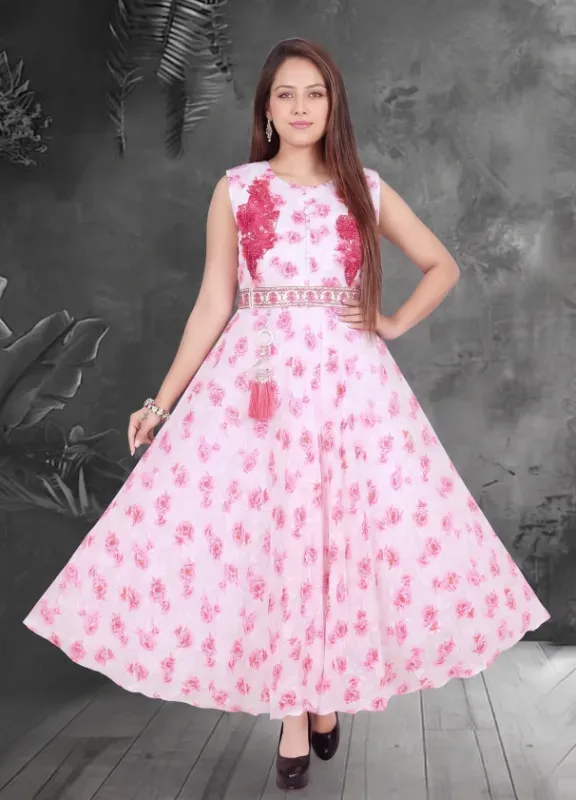 Women's Pink Floral Print Cotton Long Anarkali Frock Dress