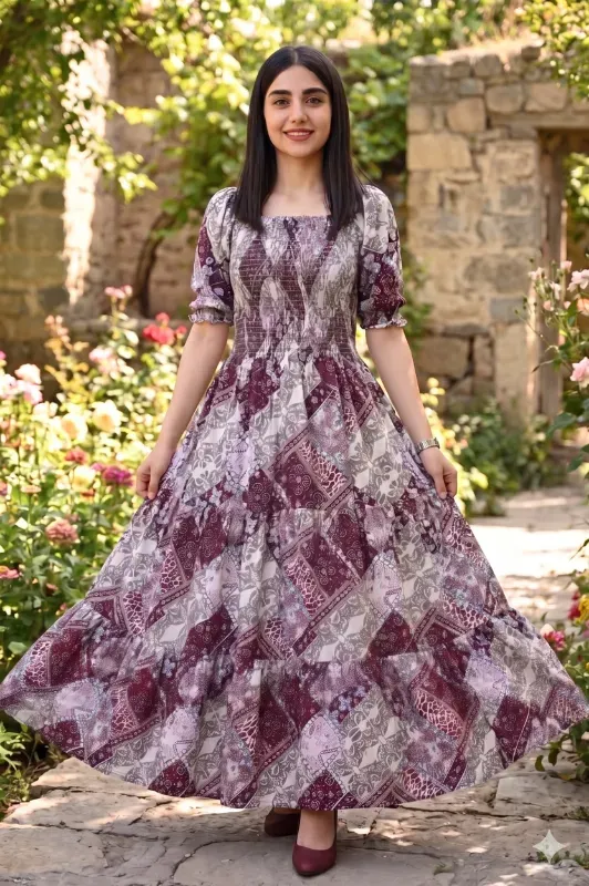 Women's Patchwork Print Smocked Long Maxi Dress