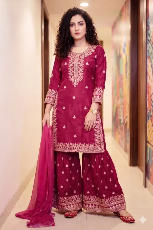 Women's Embroidered Kurti Sharara Set with Dupatta