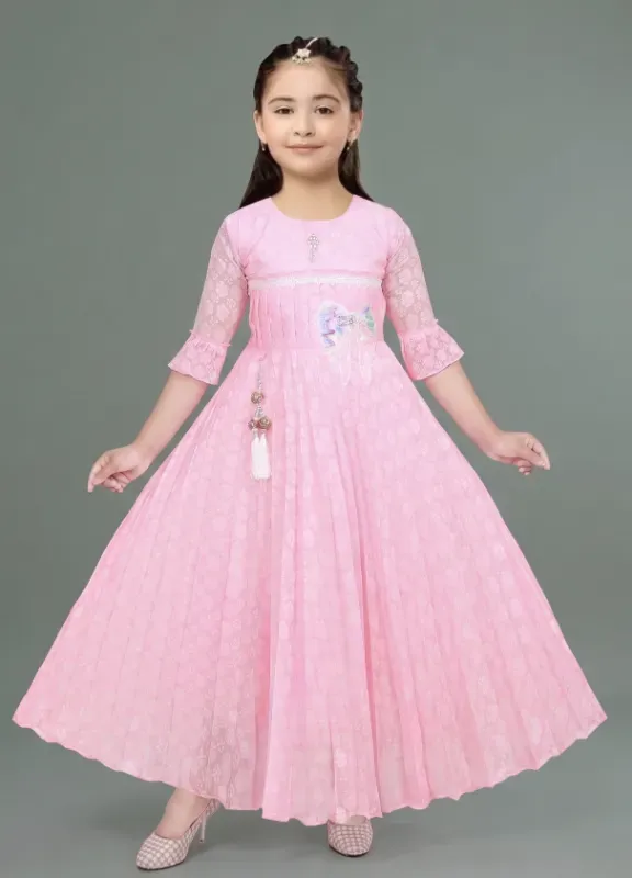 Girls Pink Baraso Cotton Party Wear Gown with Leggings