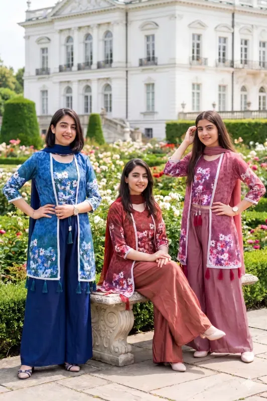 Girls Floral Printed Kurti Palazzo Set with Dupatta
