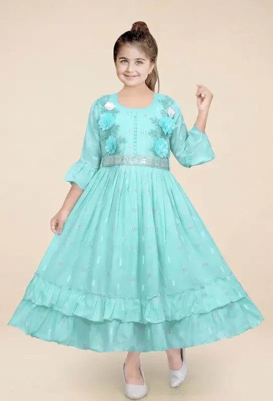 Girls Floral Applique Cotton Party Wear Gown with Leggings