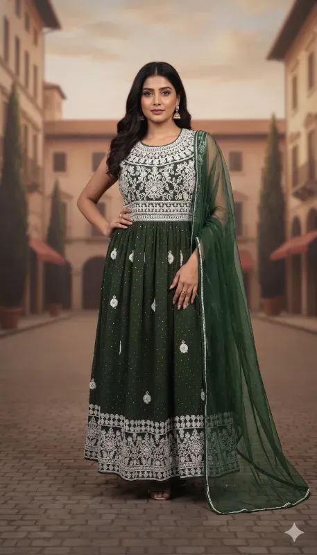 Emerald Elegance Embroidered Anarkali Set