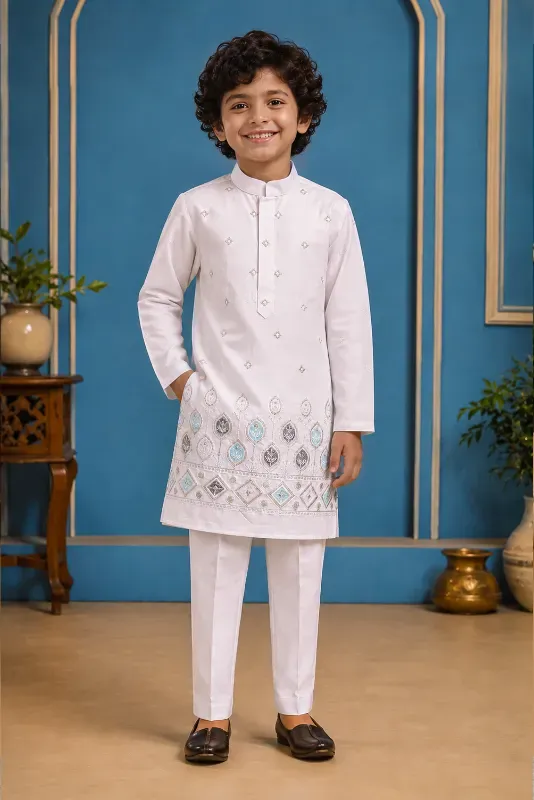 Kids Embroidered Cotton Kurta Pajama Set for Boys (Perfect Size)
