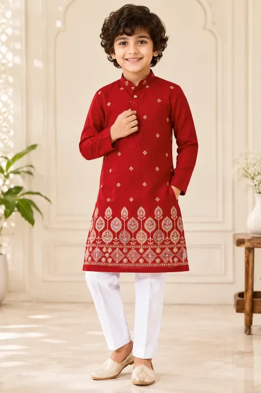 Boys Embroidered Cotton Kurta Pajama Set – Maroon (Perfect Size)