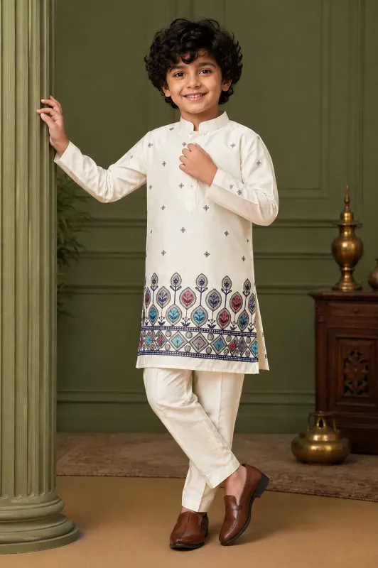 Boys Embroidered Cotton Kurta Pajama Set – Cream (Perfect Size)