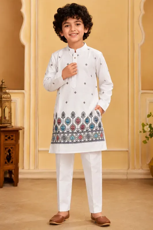 Boys Embroidered Cotton Kurta Pajama Set – Off White (Perfect Size)